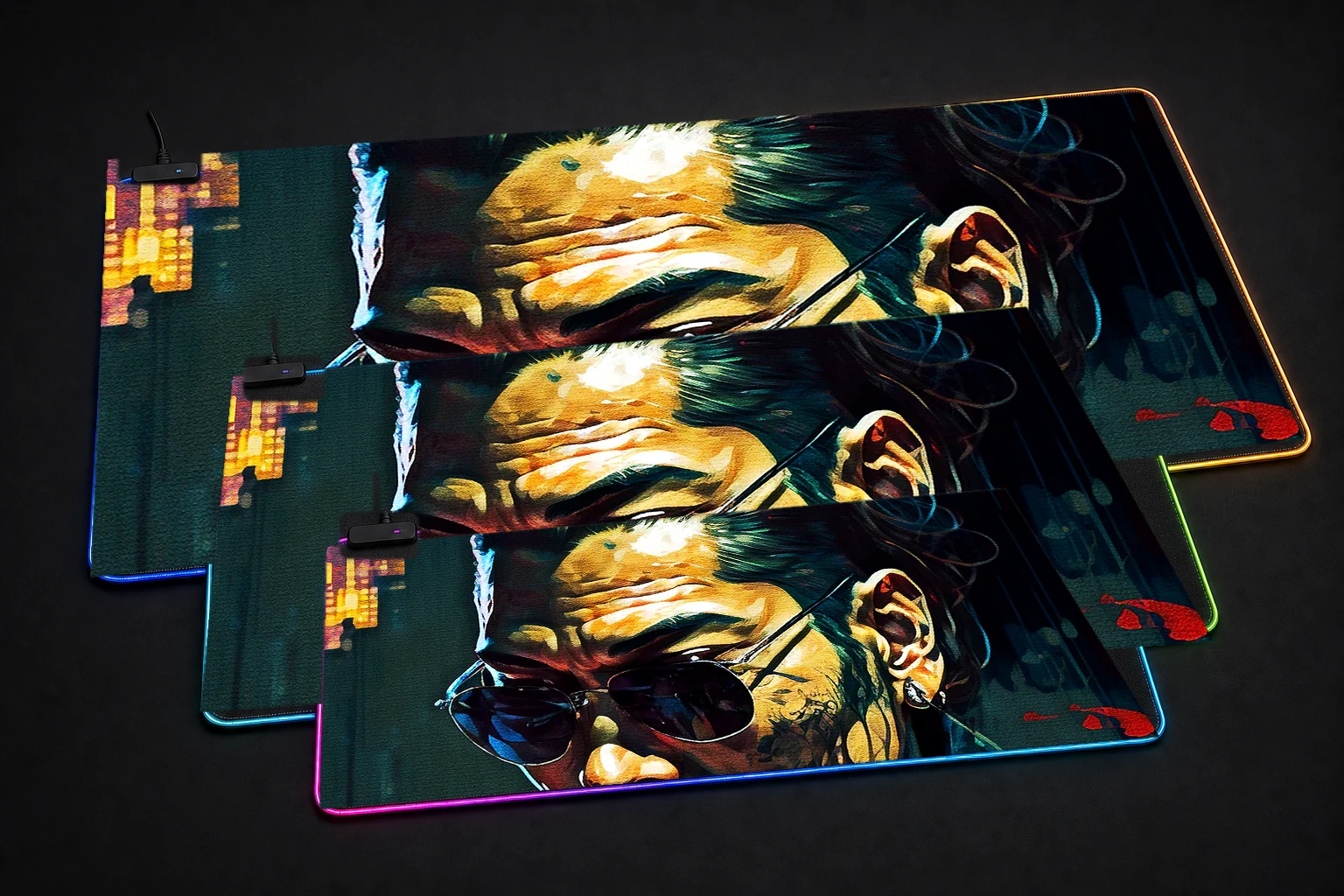 Crime boss painting RGB Desk Mat three-size comparison