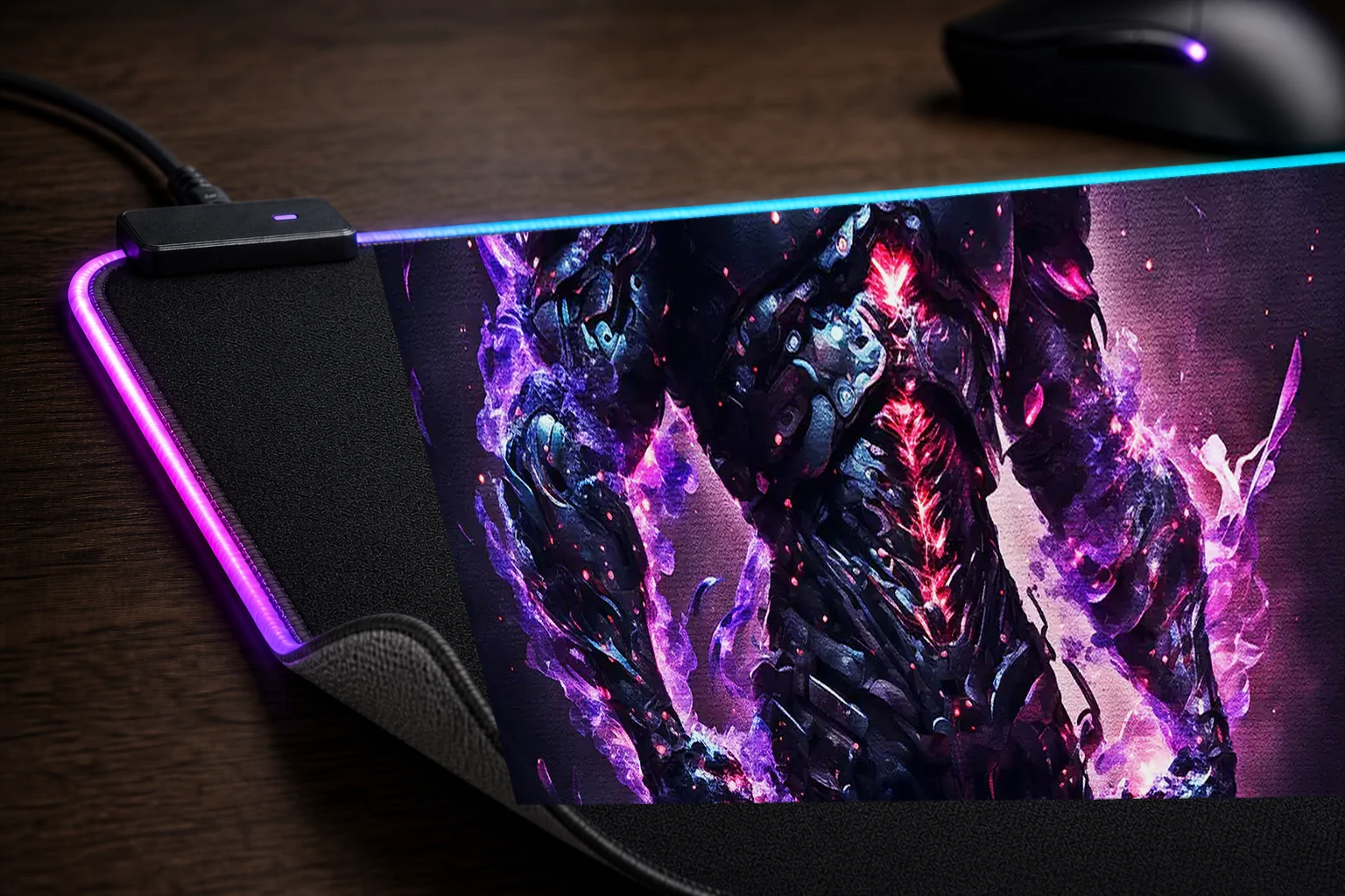 Dark ninja purple aura RGB Desk Mat controller and material detail