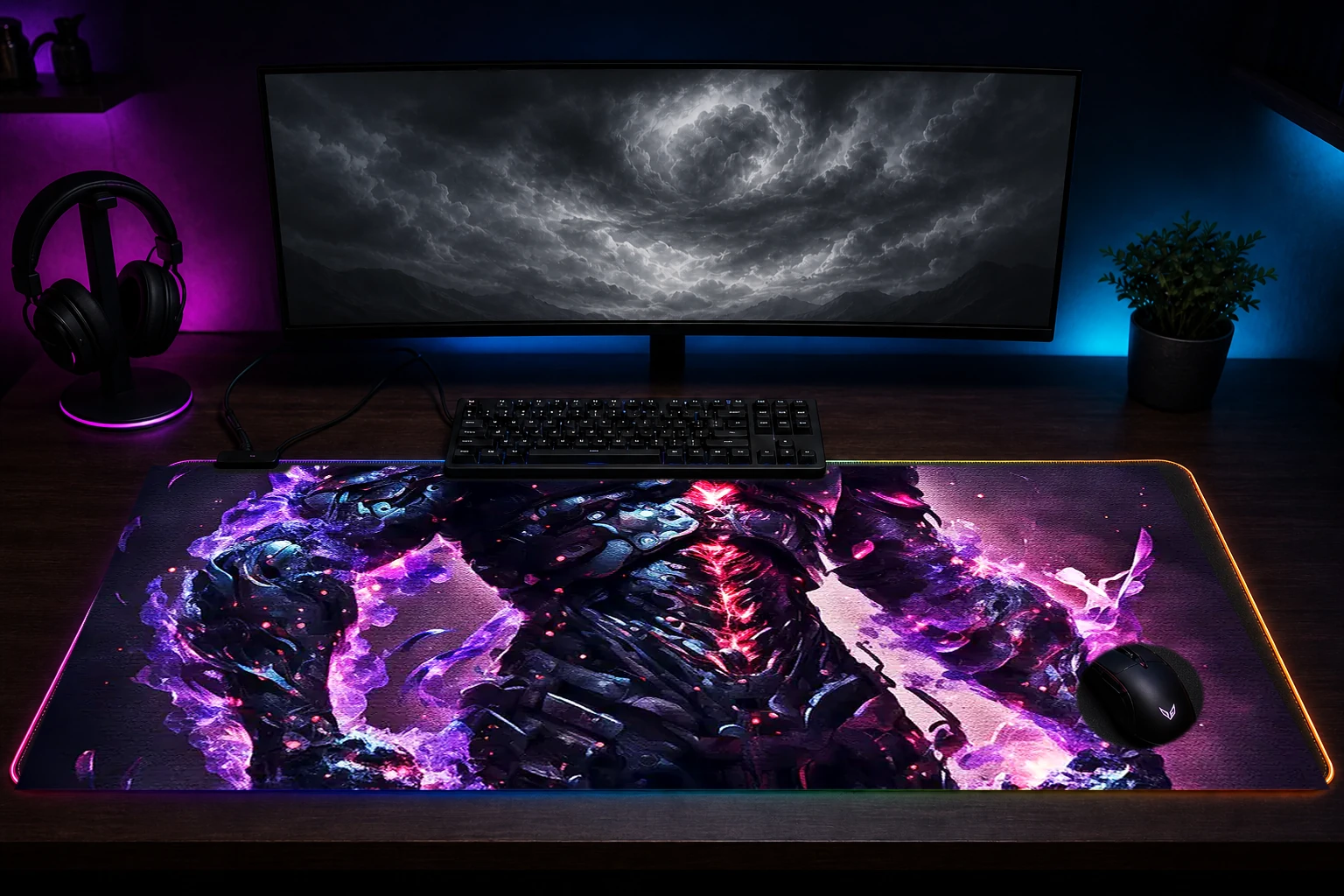 Dark ninja purple aura RGB Desk Mat immersive setup scene