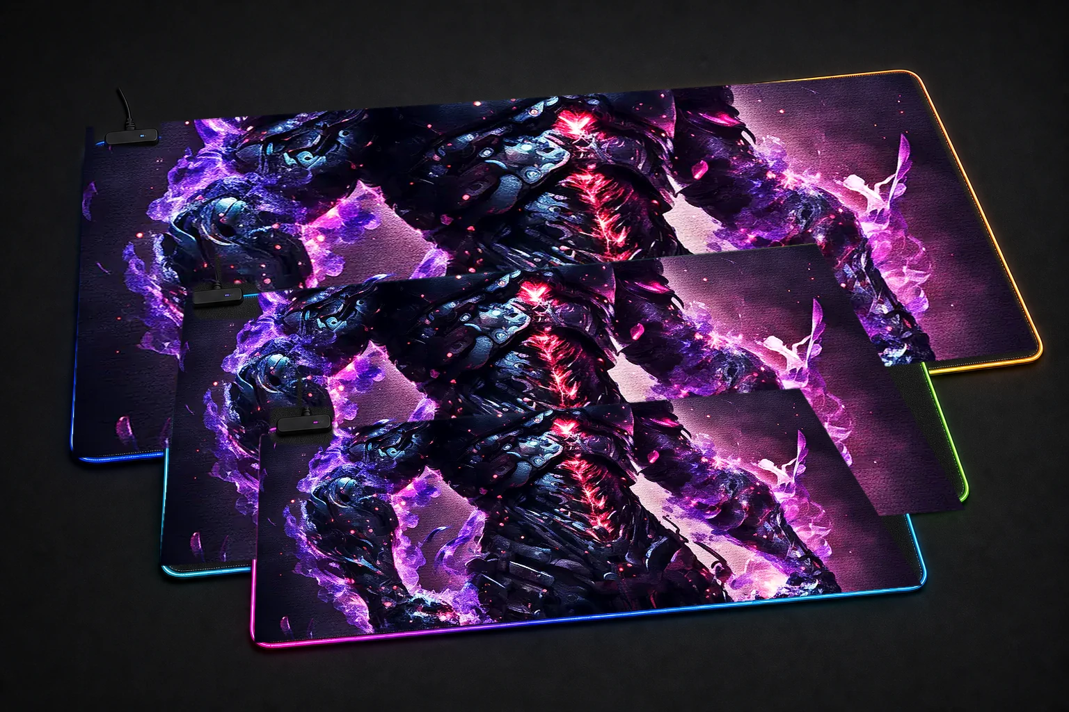 Dark ninja purple aura RGB Desk Mat three-size comparison