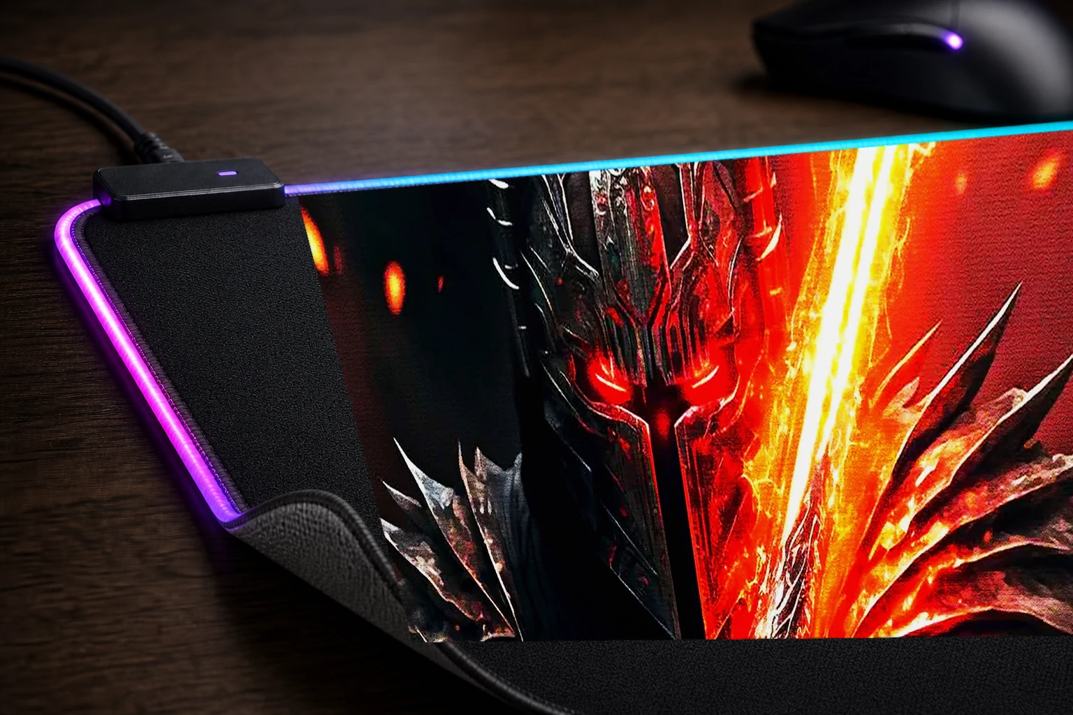 The Dark Knight Armored RGB Desk Mat controller and material detail
