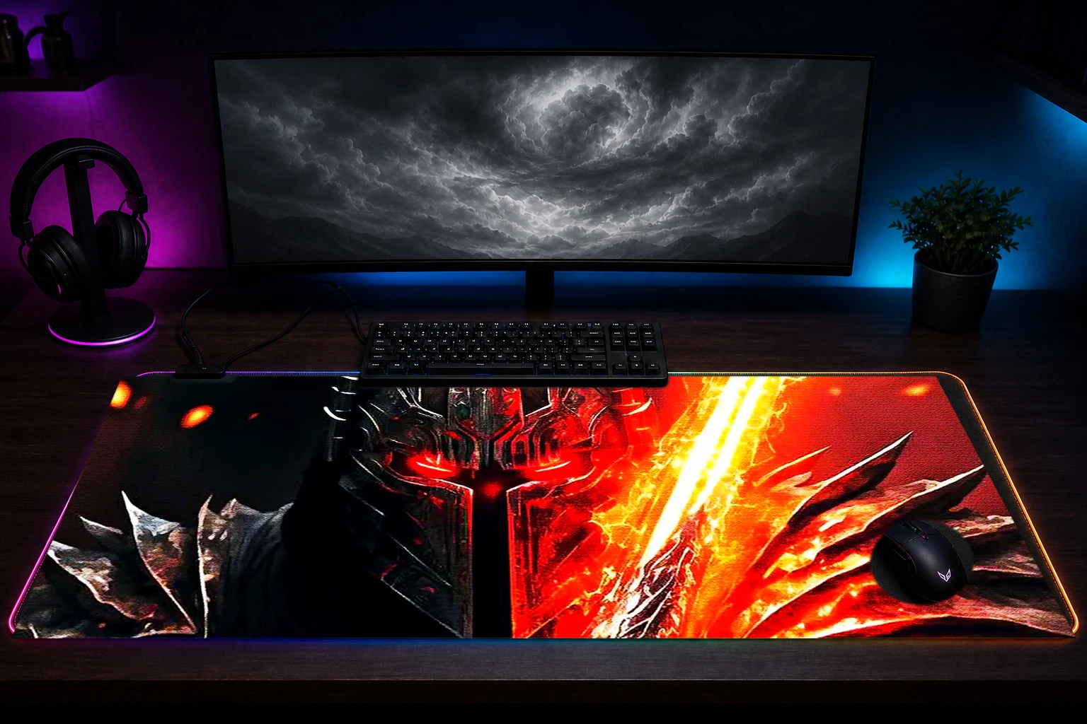 The Dark Knight Armored RGB Desk Mat immersive setup scene