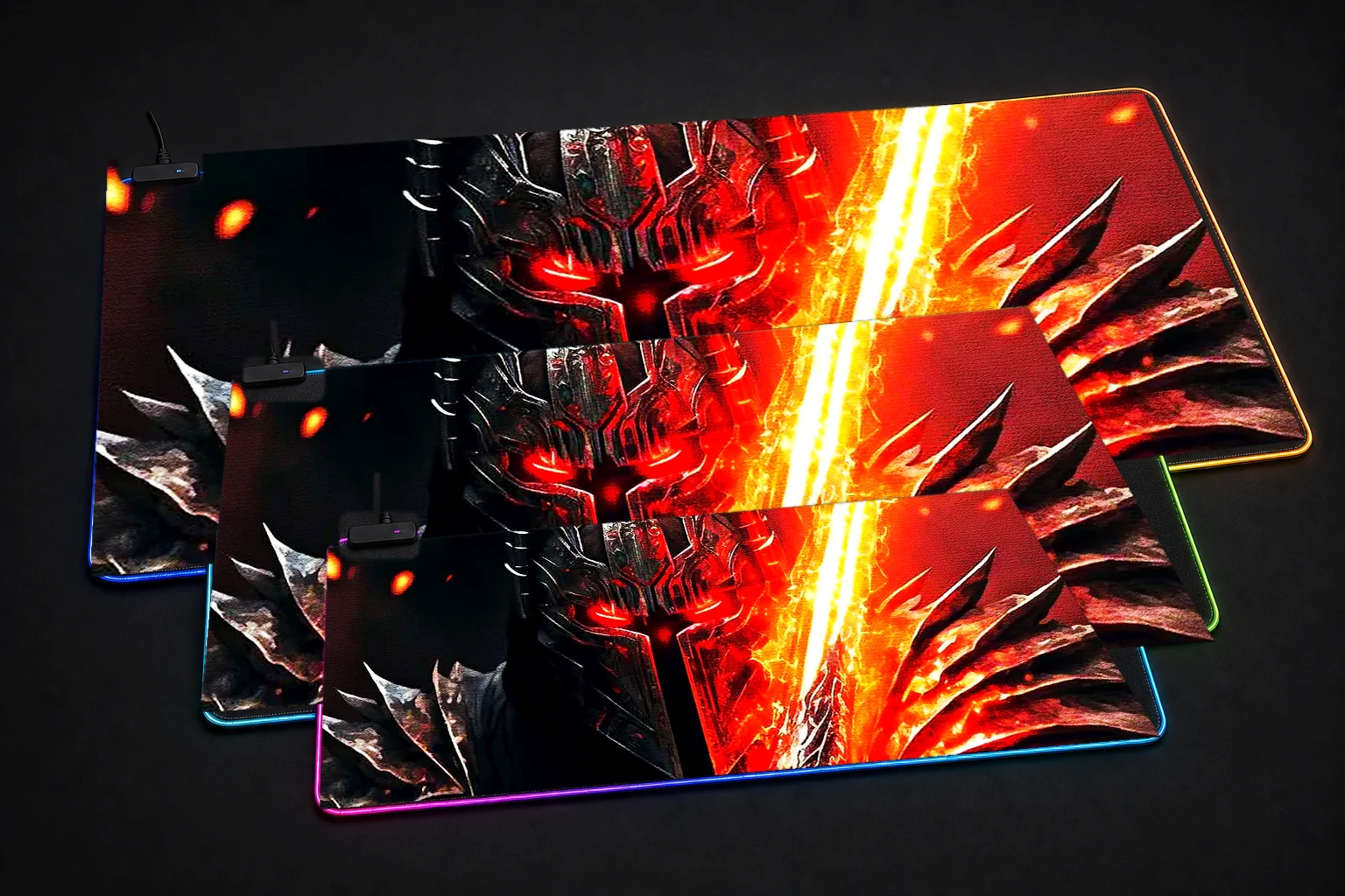 The Dark Knight Armored RGB Desk Mat three-size comparison