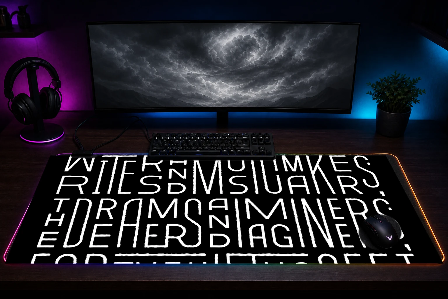 Blessed are the Weird Typography Art RGB Desk Mat immersive setup scene