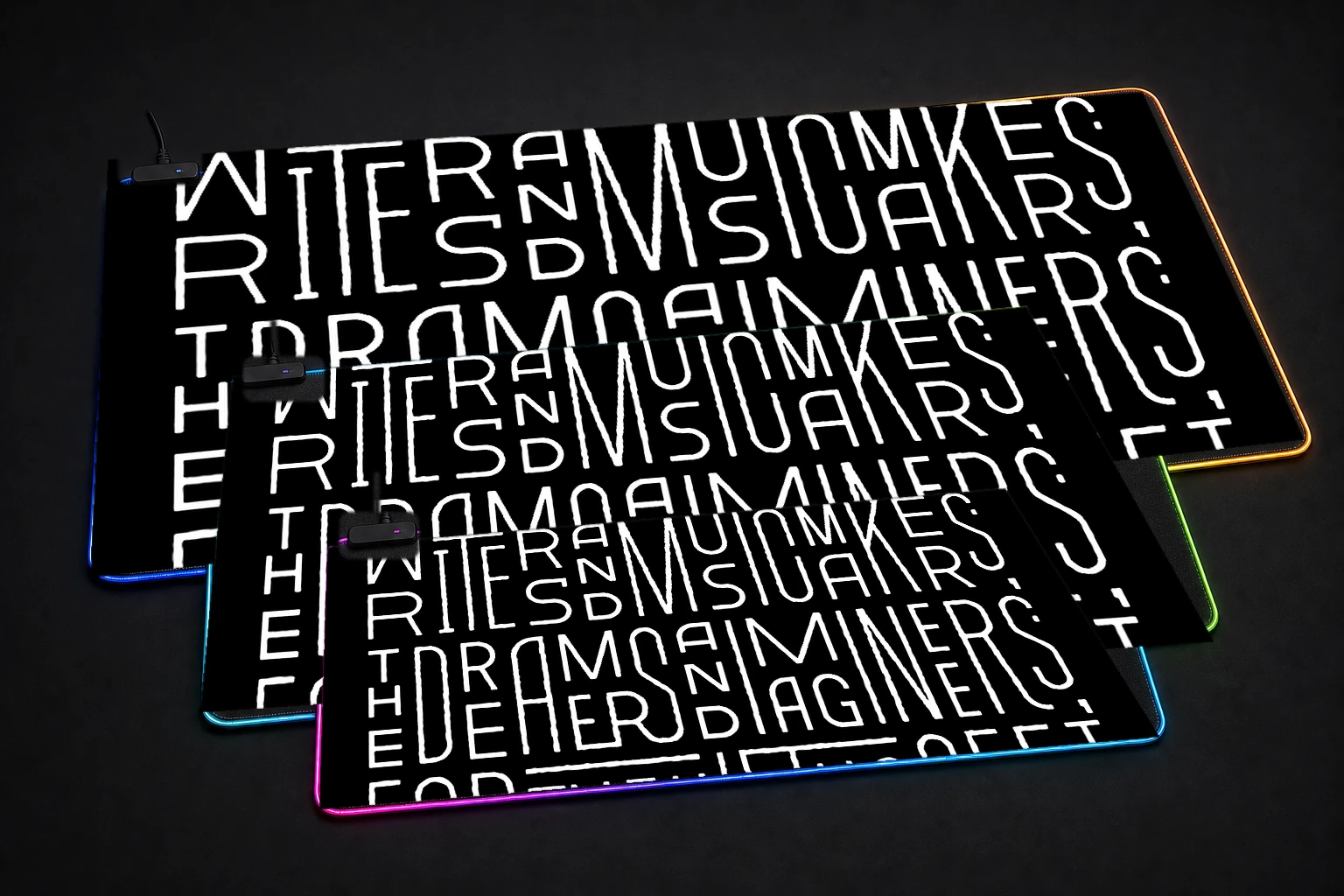 Blessed are the Weird Typography Art RGB Desk Mat three-size comparison