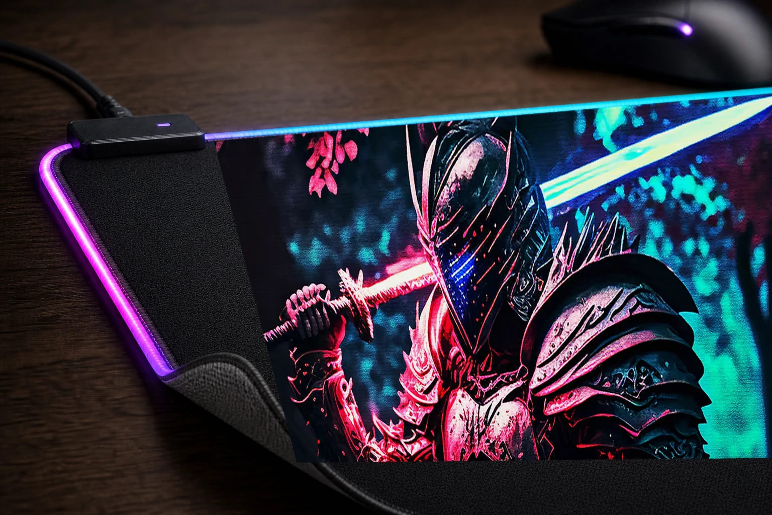 Swordsman wearing armor RGB Desk Mat controller and material detail