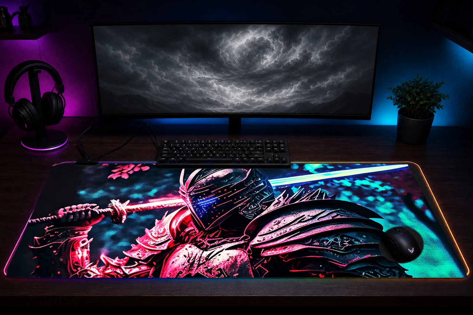 Swordsman wearing armor RGB Desk Mat immersive setup scene