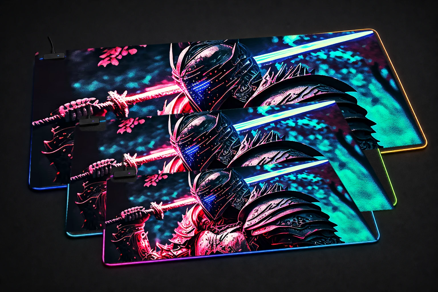 Swordsman wearing armor RGB Desk Mat three-size comparison