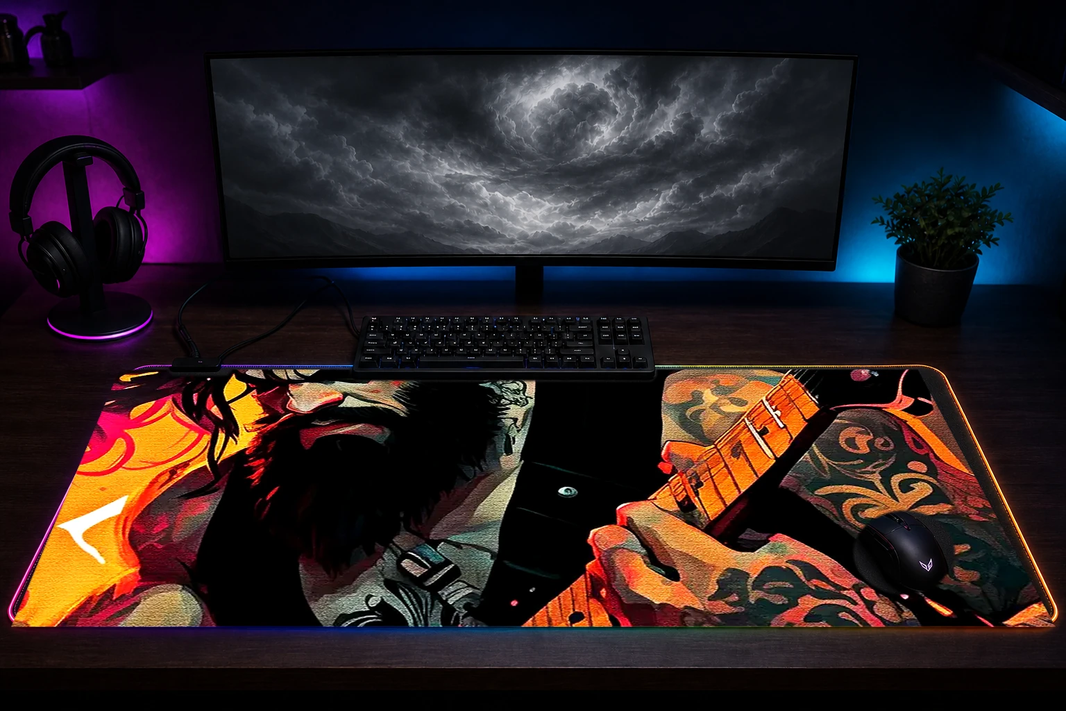 Rocker Guitar RGB Desk Mat immersive setup scene