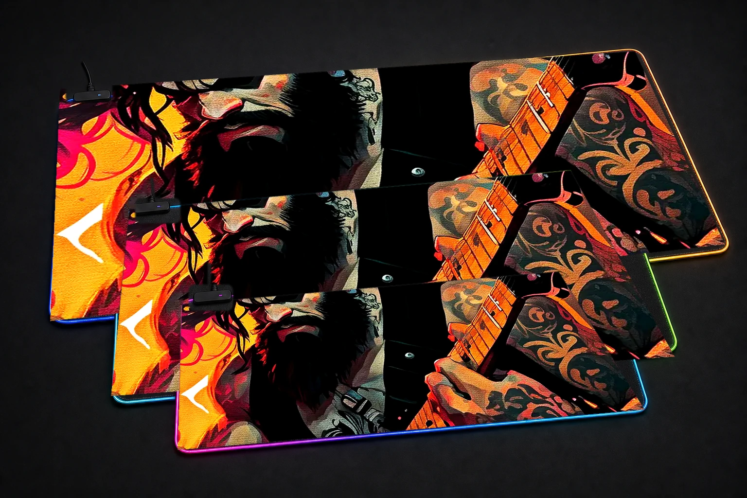 Rocker Guitar RGB Desk Mat three-size comparison
