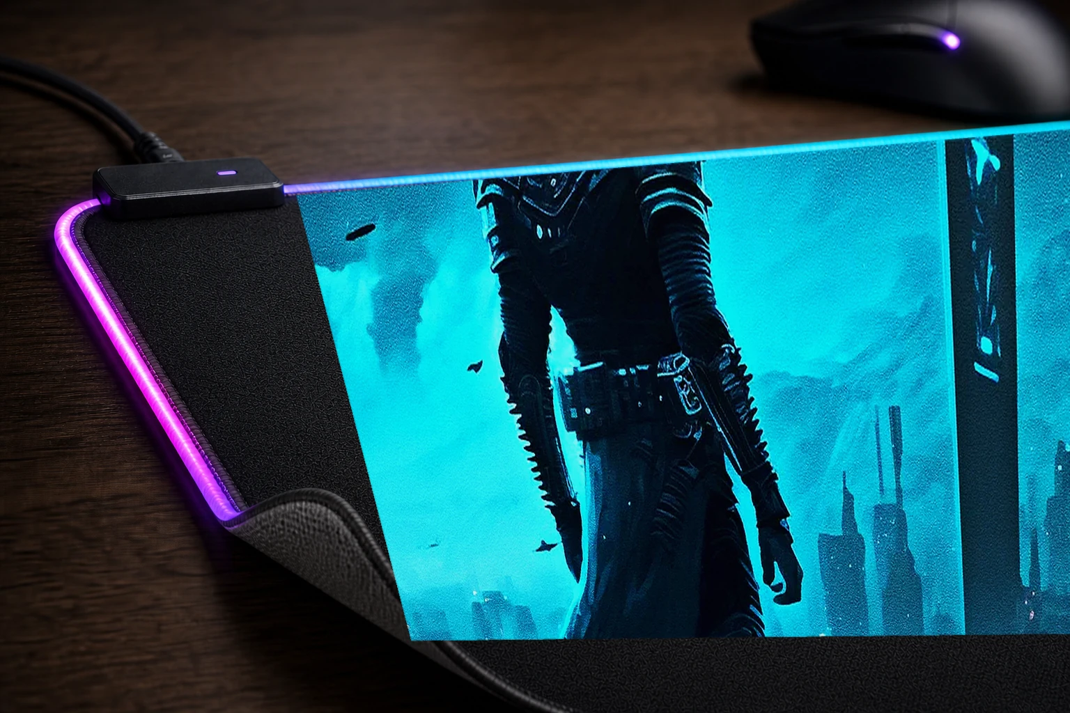 Dark hero RGB Desk Mat controller and material detail