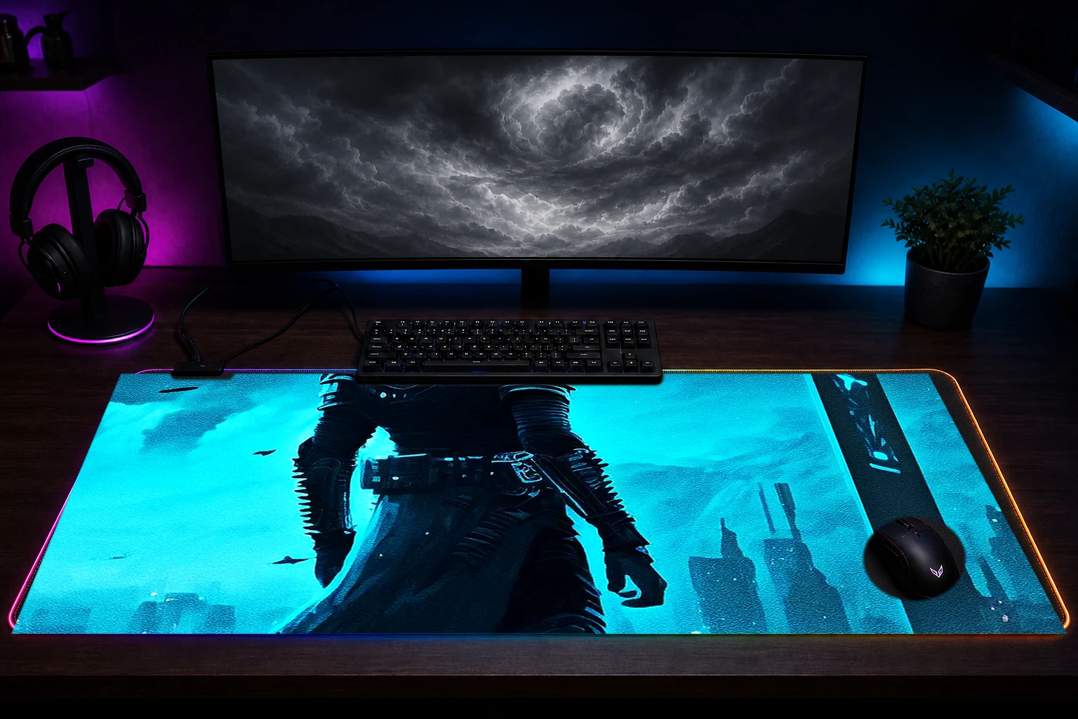 Dark hero RGB Desk Mat immersive setup scene