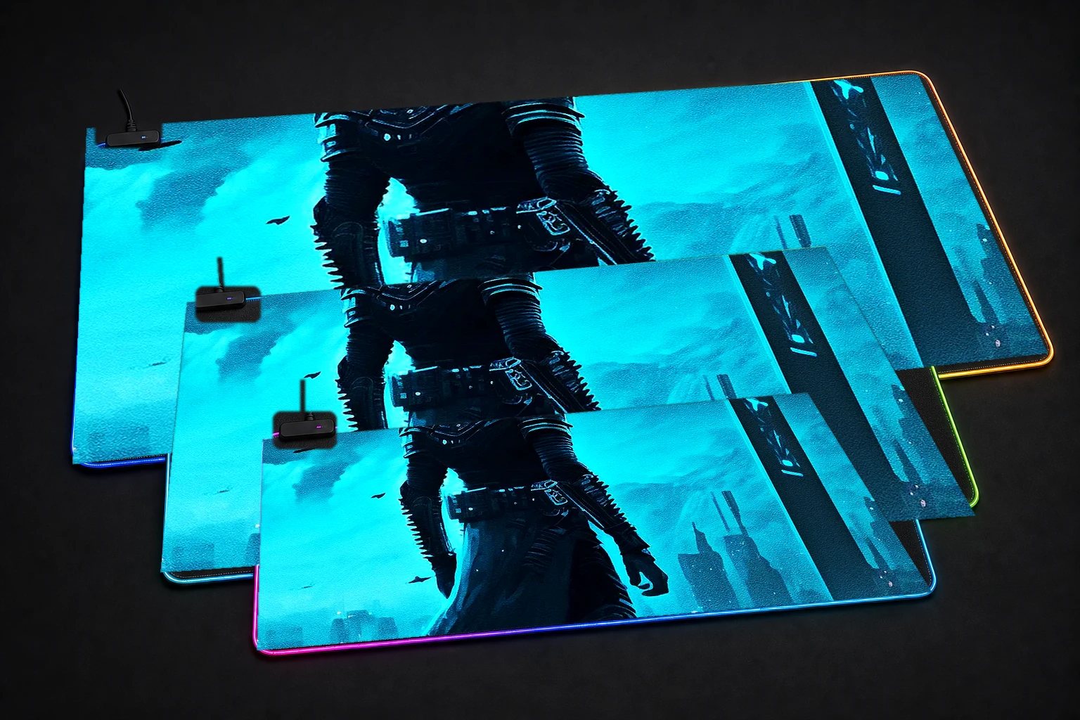 Dark hero RGB Desk Mat three-size comparison
