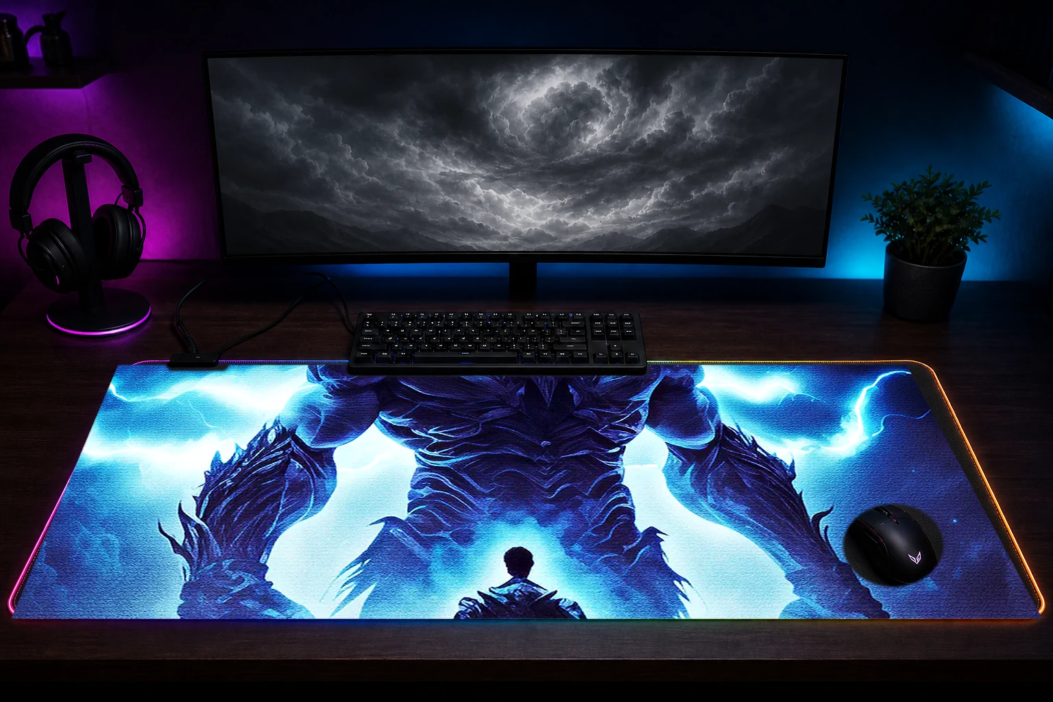 Lightning Monsters RGB Desk Mat immersive setup scene