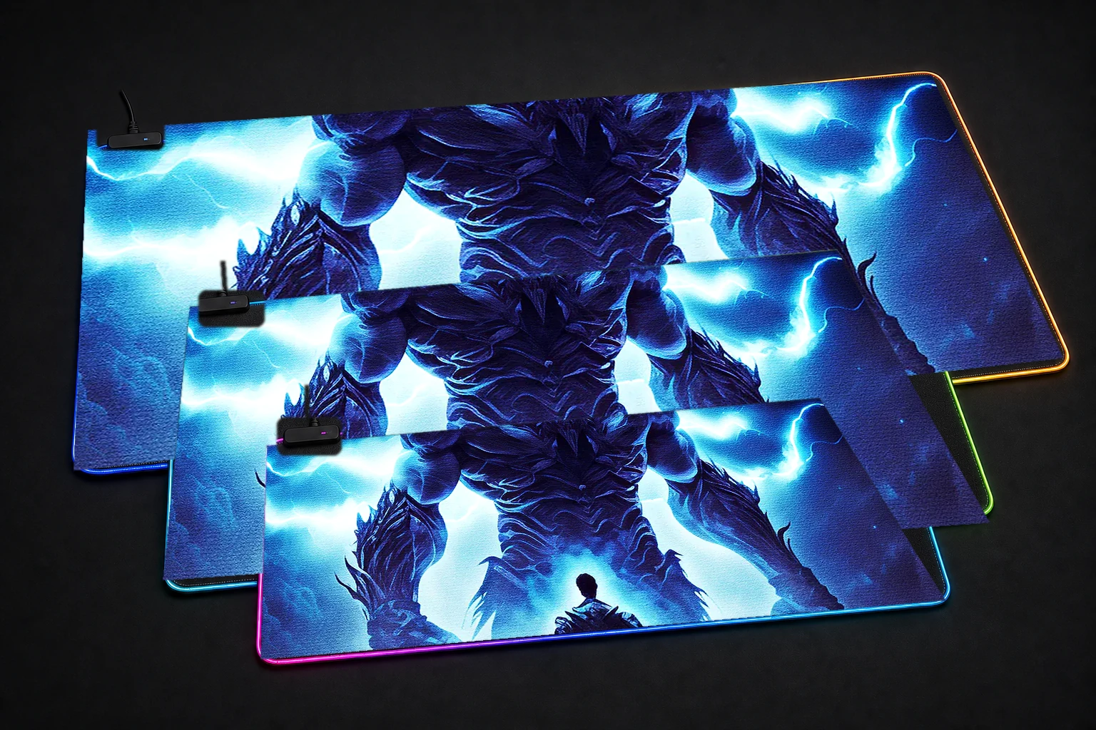 Lightning Monsters RGB Desk Mat three-size comparison