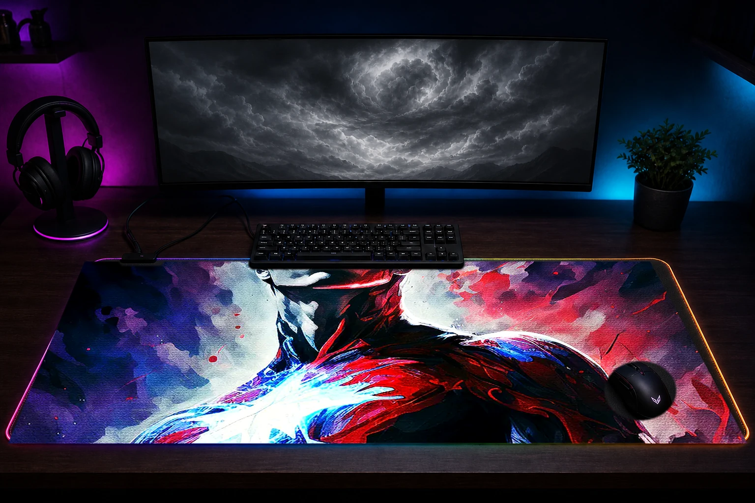 Hero cosmic horror RGB Desk Mat immersive setup scene