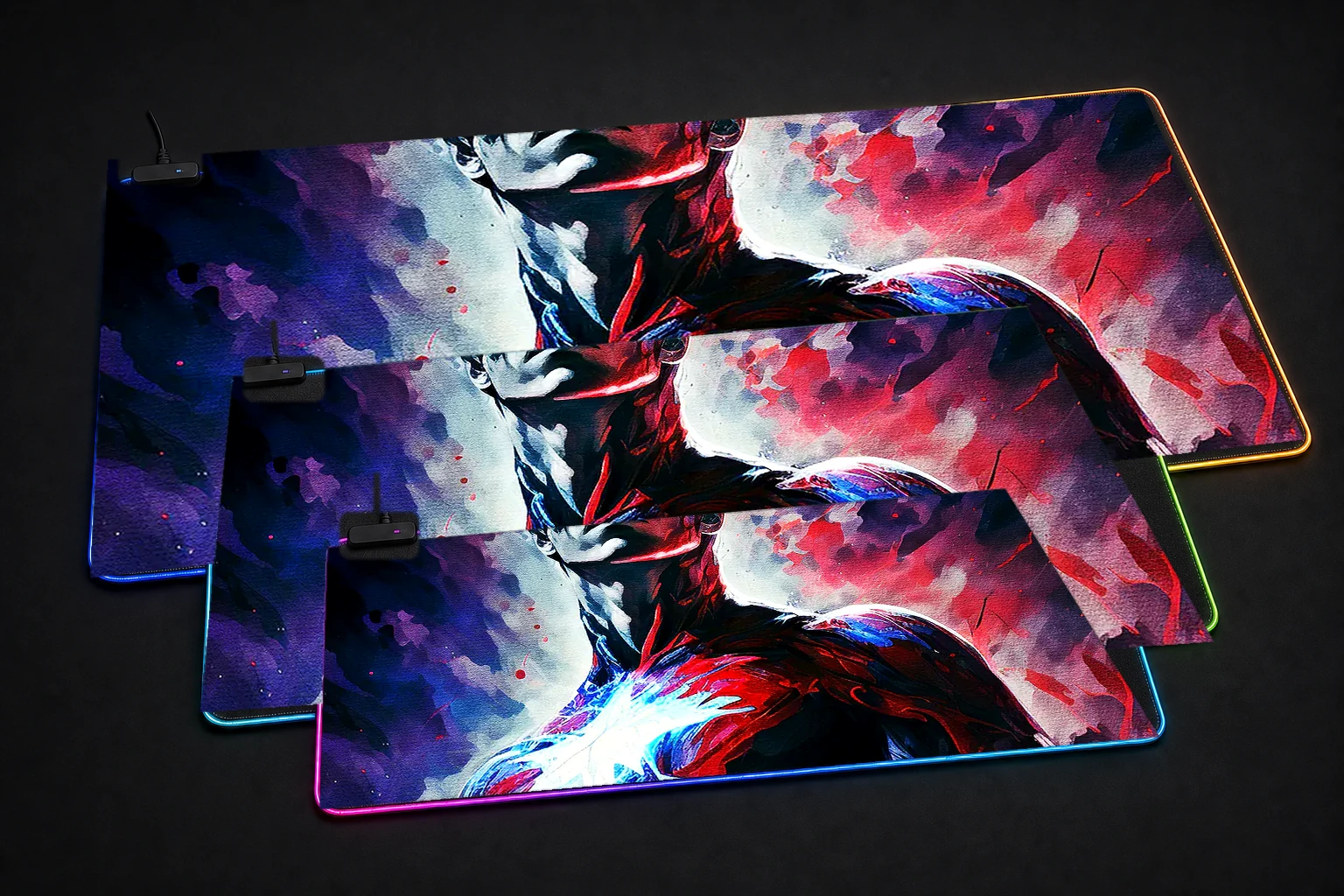 Hero cosmic horror RGB Desk Mat three-size comparison