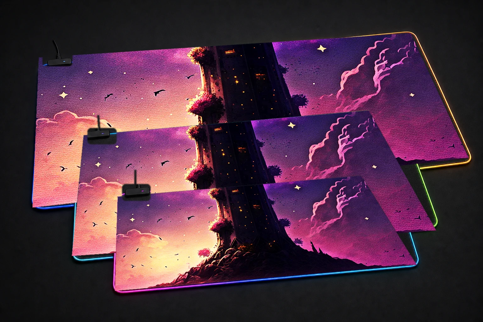 Paint Lighthouse RGB Desk Mat three-size comparison