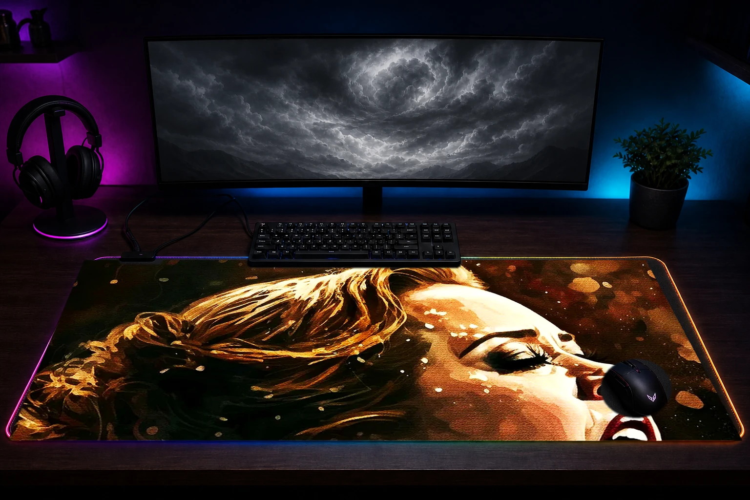 Splatter Singing RGB Desk Mat immersive setup scene