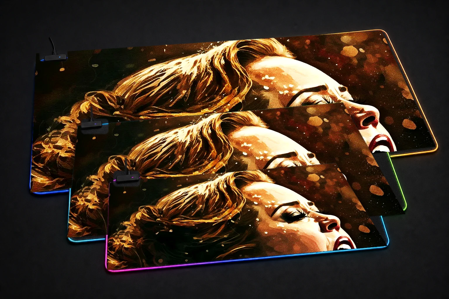 Splatter Singing RGB Desk Mat three-size comparison