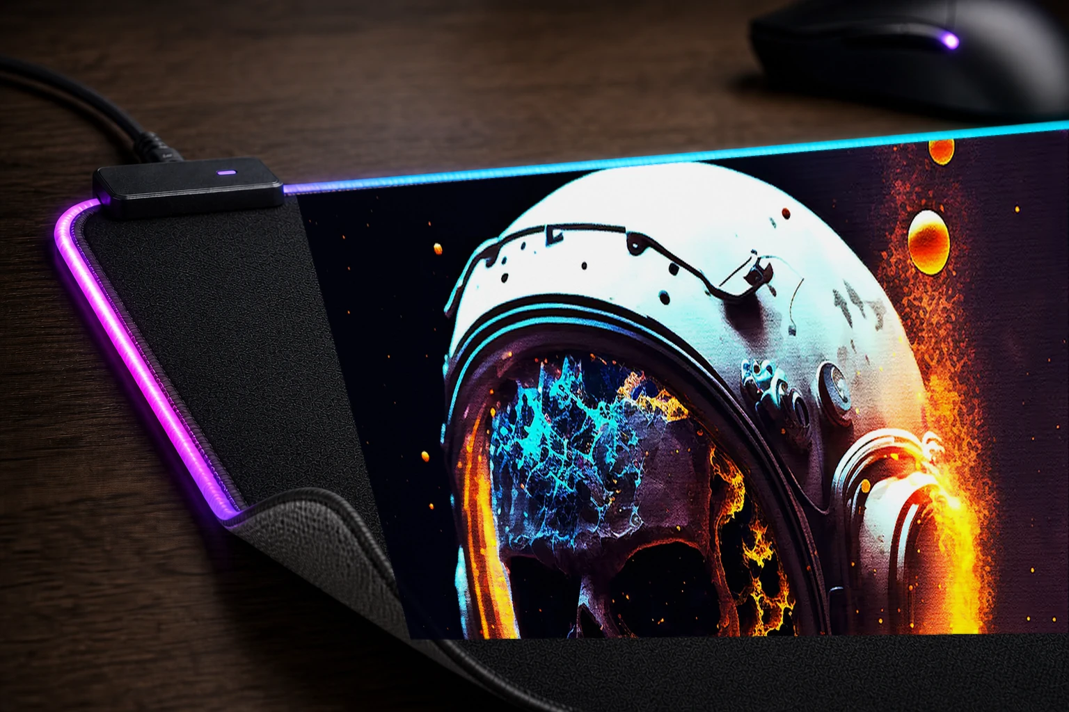 Closeup of an astronaut RGB Desk Mat controller and material detail