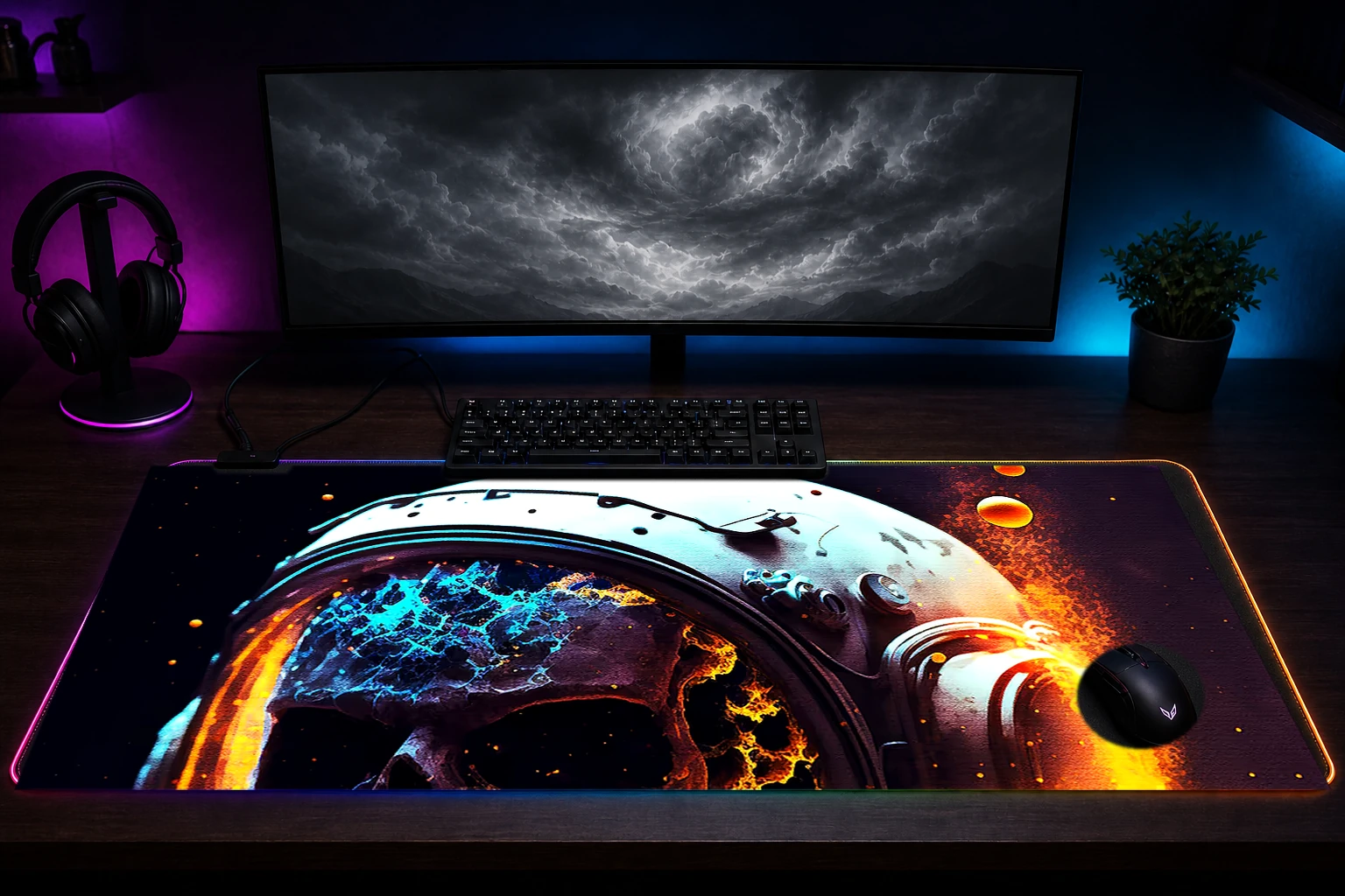 Closeup of an astronaut RGB Desk Mat immersive setup scene