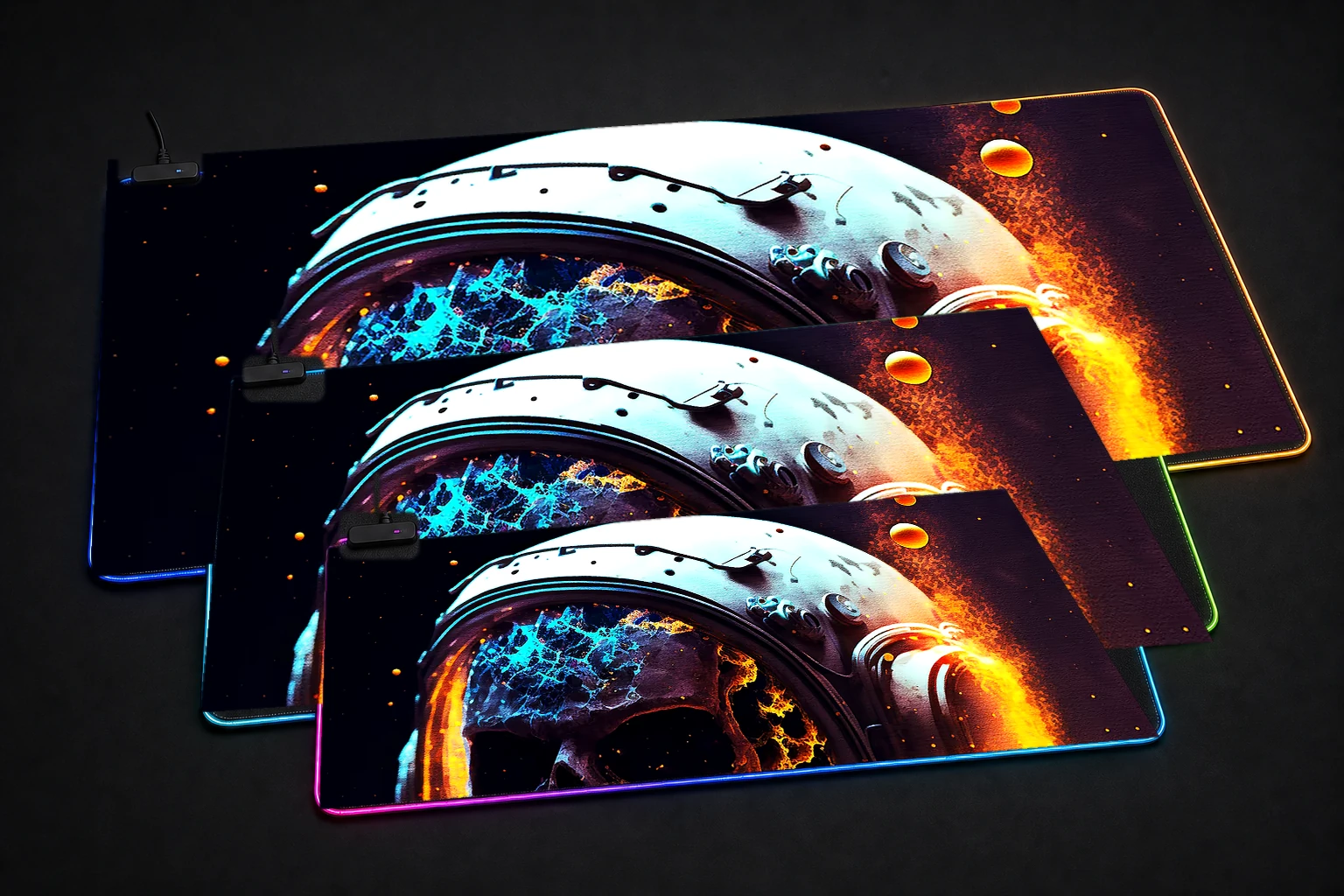 Closeup of an astronaut RGB Desk Mat three-size comparison