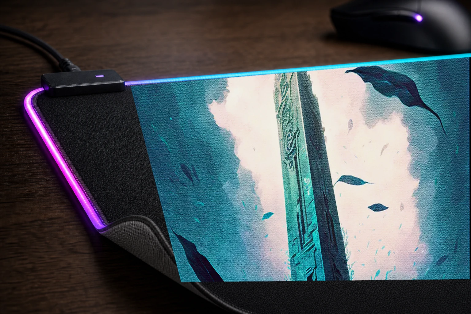 A beautiful obelisk RGB Desk Mat controller and material detail