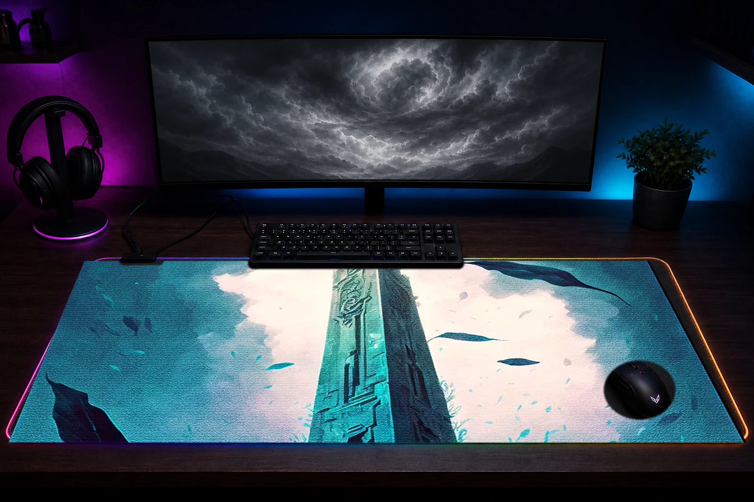 A beautiful obelisk RGB Desk Mat immersive setup scene