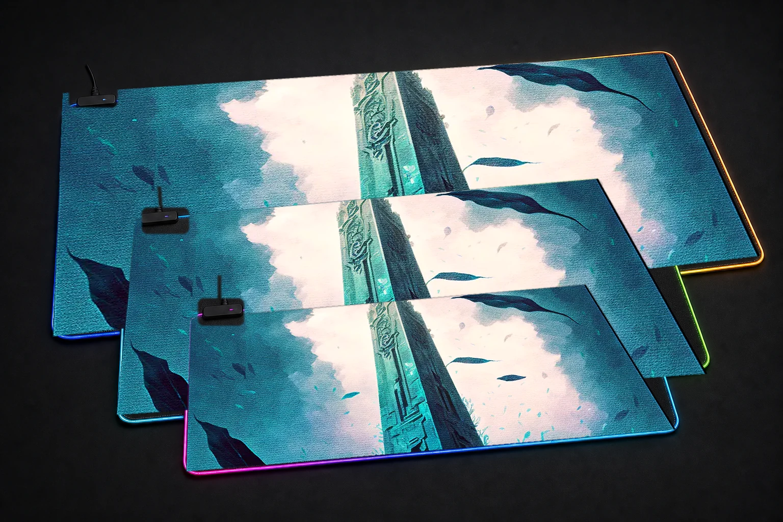 A beautiful obelisk RGB Desk Mat three-size comparison