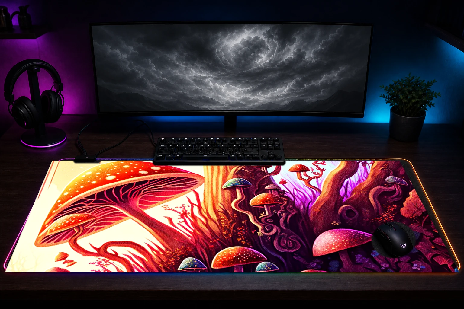 Paint Mushroom RGB Desk Mat immersive setup scene