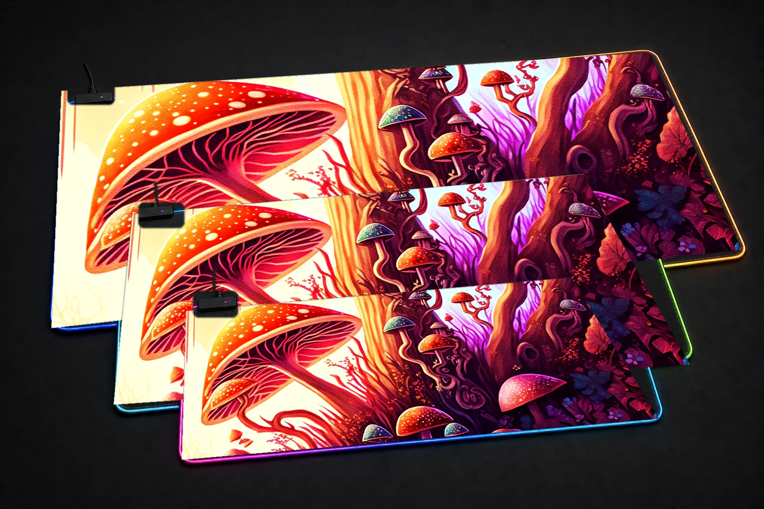 Paint Mushroom RGB Desk Mat three-size comparison