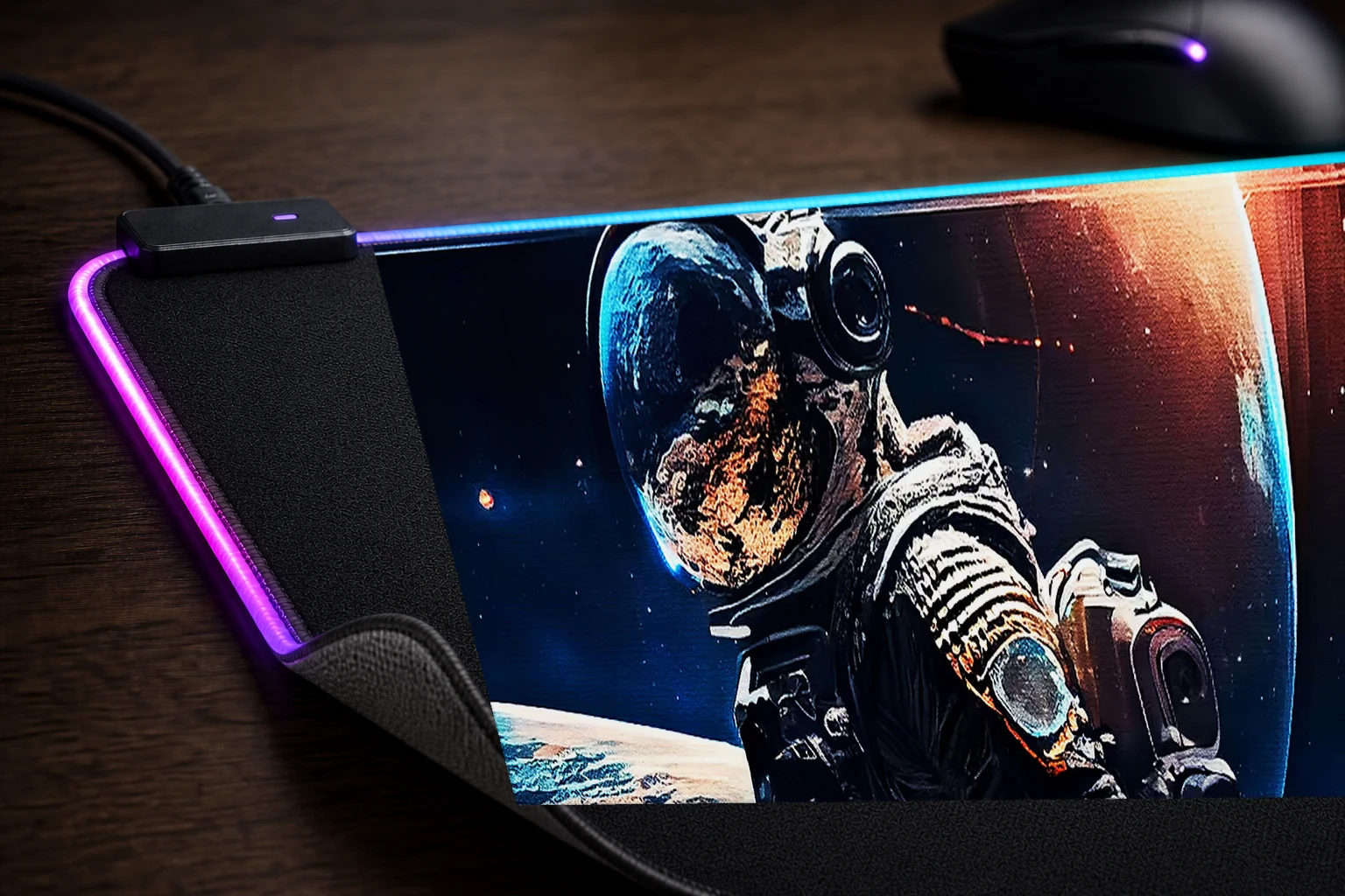 Space astronaut RGB Desk Mat controller and material detail