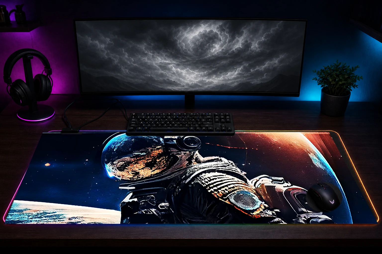 Space astronaut RGB Desk Mat immersive setup scene