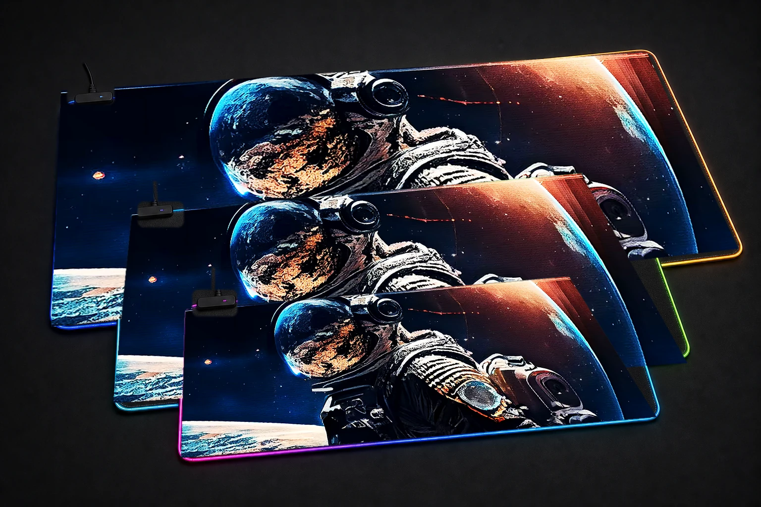 Space astronaut RGB Desk Mat three-size comparison