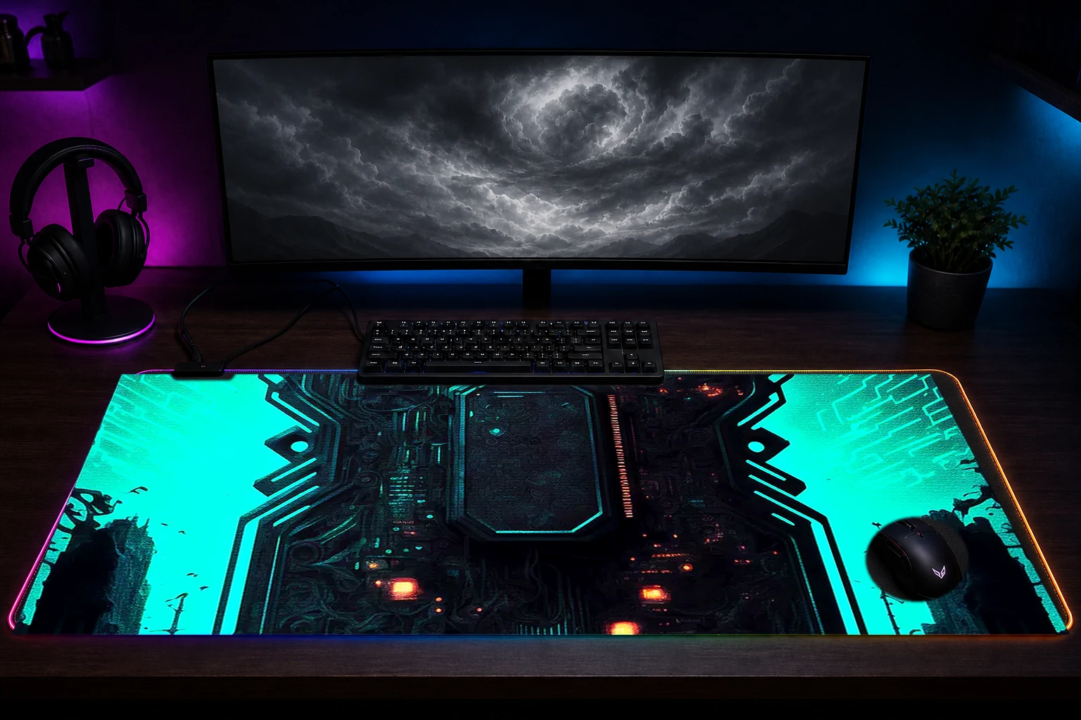 Necropolis city RGB Desk Mat immersive setup scene