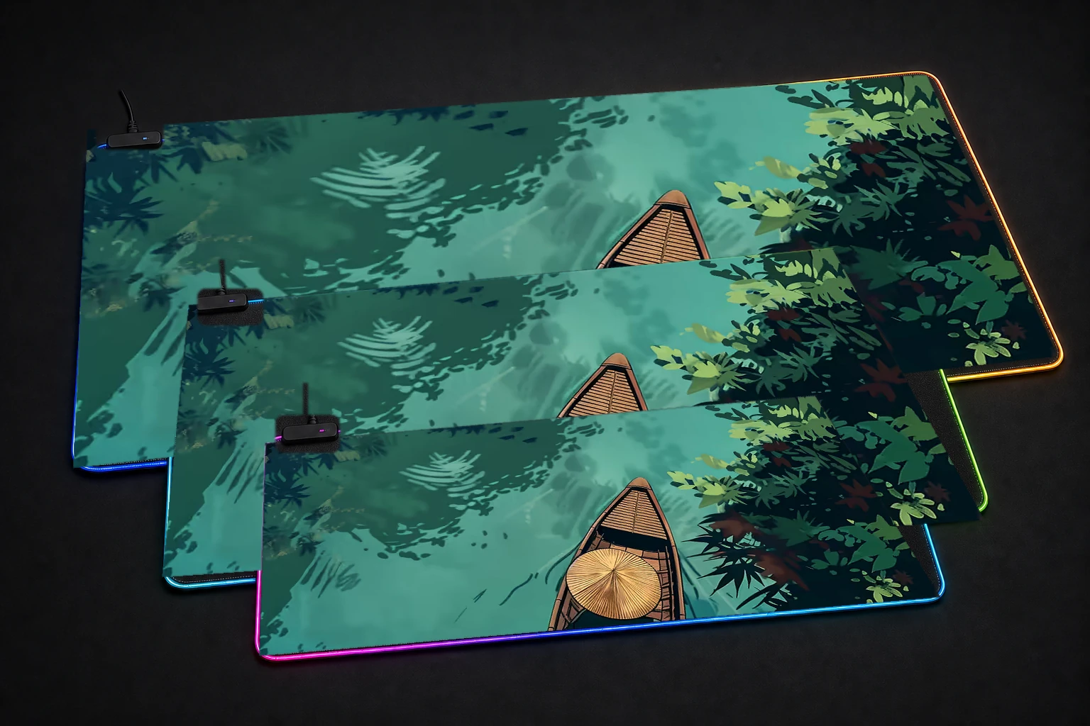 Vietnam River Journey RGB Desk Mat three-size comparison