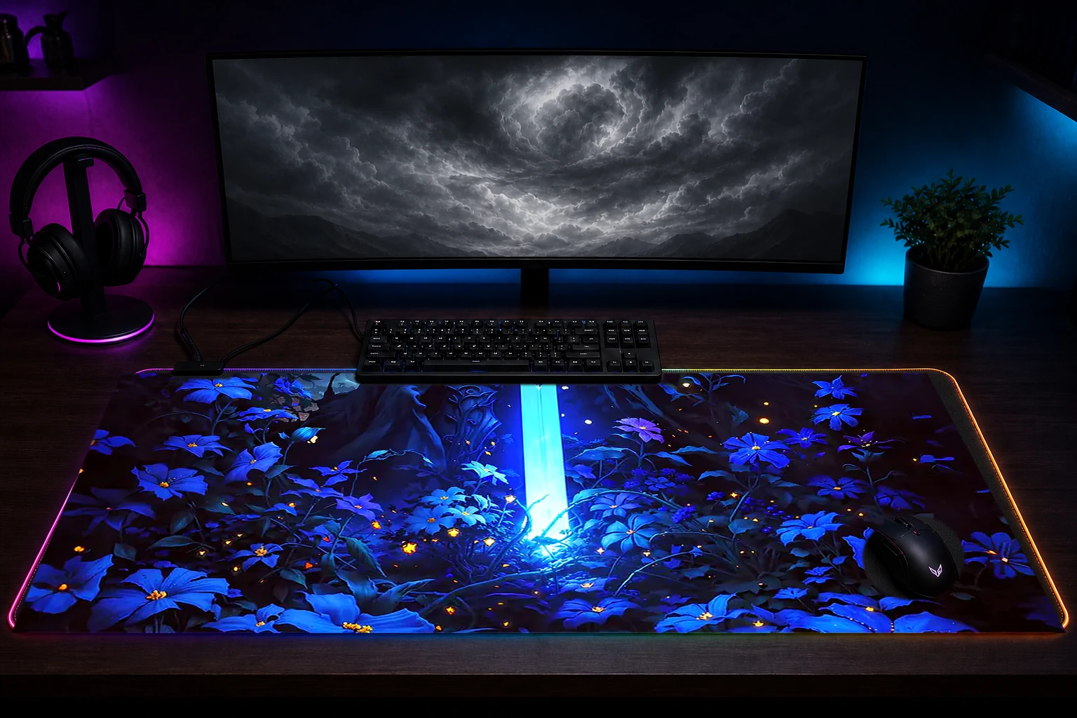 Knight with Blue Sword RGB Desk Mat immersive setup scene
