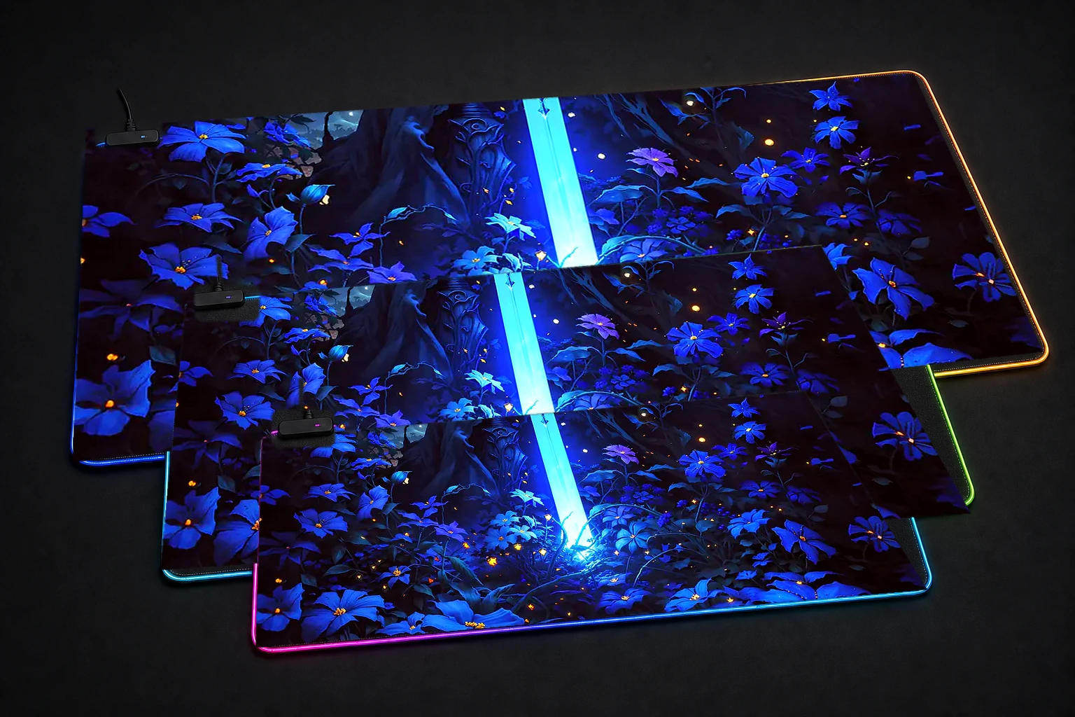 Knight with Blue Sword RGB Desk Mat three-size comparison