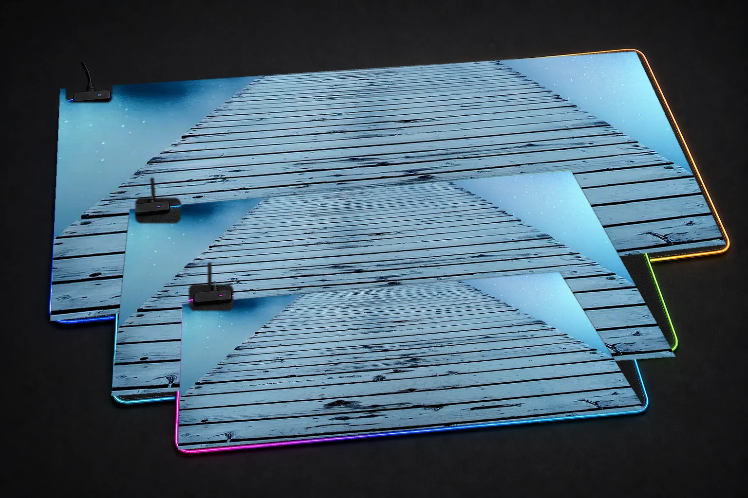 jetty line sky RGB Desk Mat three-size comparison