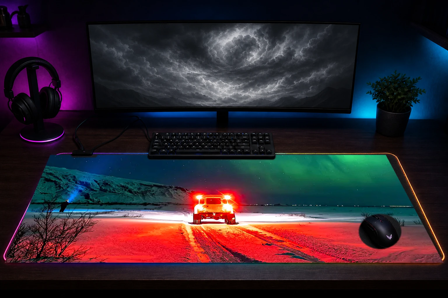 iceline with car aurora RGB Desk Mat immersive setup scene