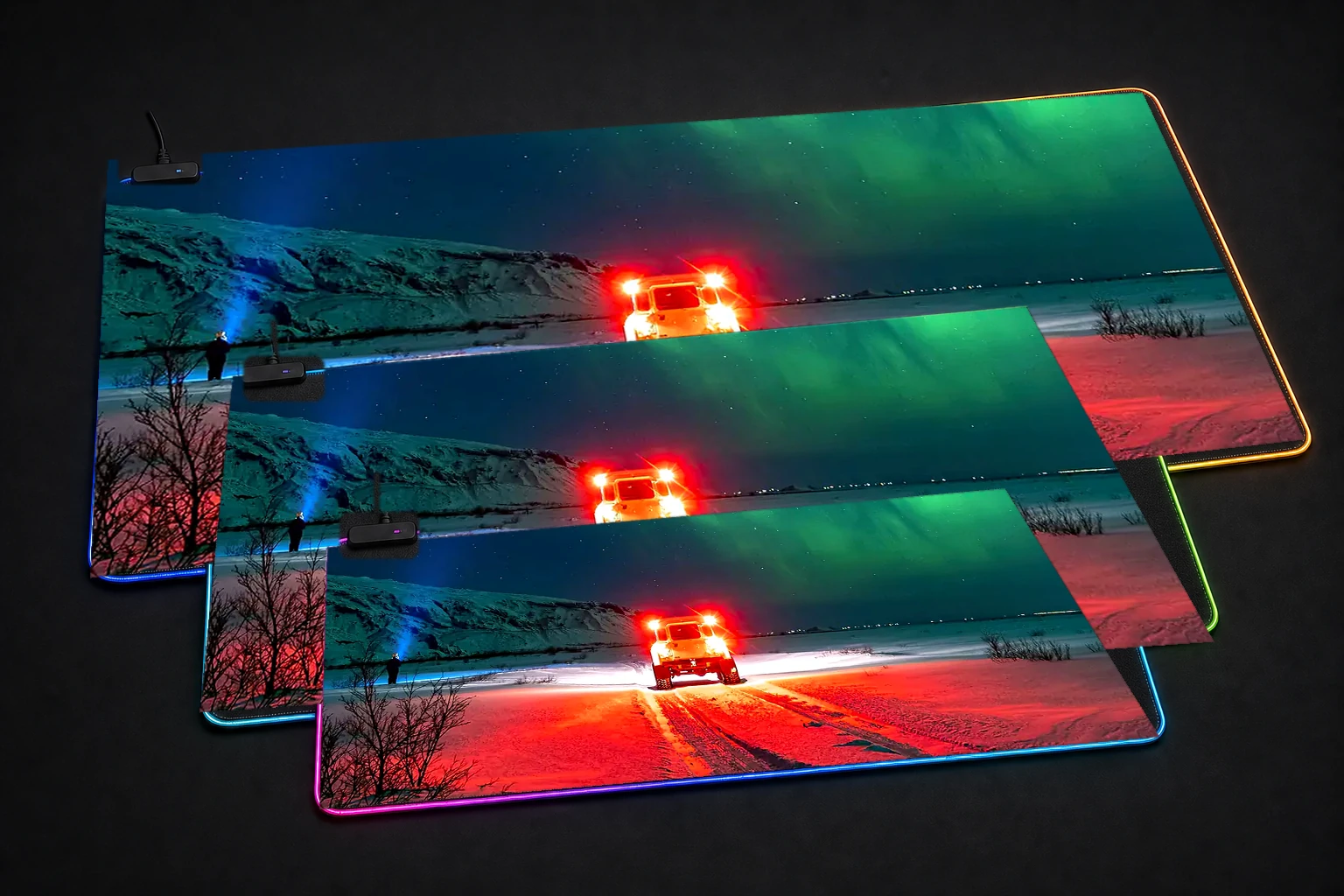 iceline with car aurora RGB Desk Mat three-size comparison