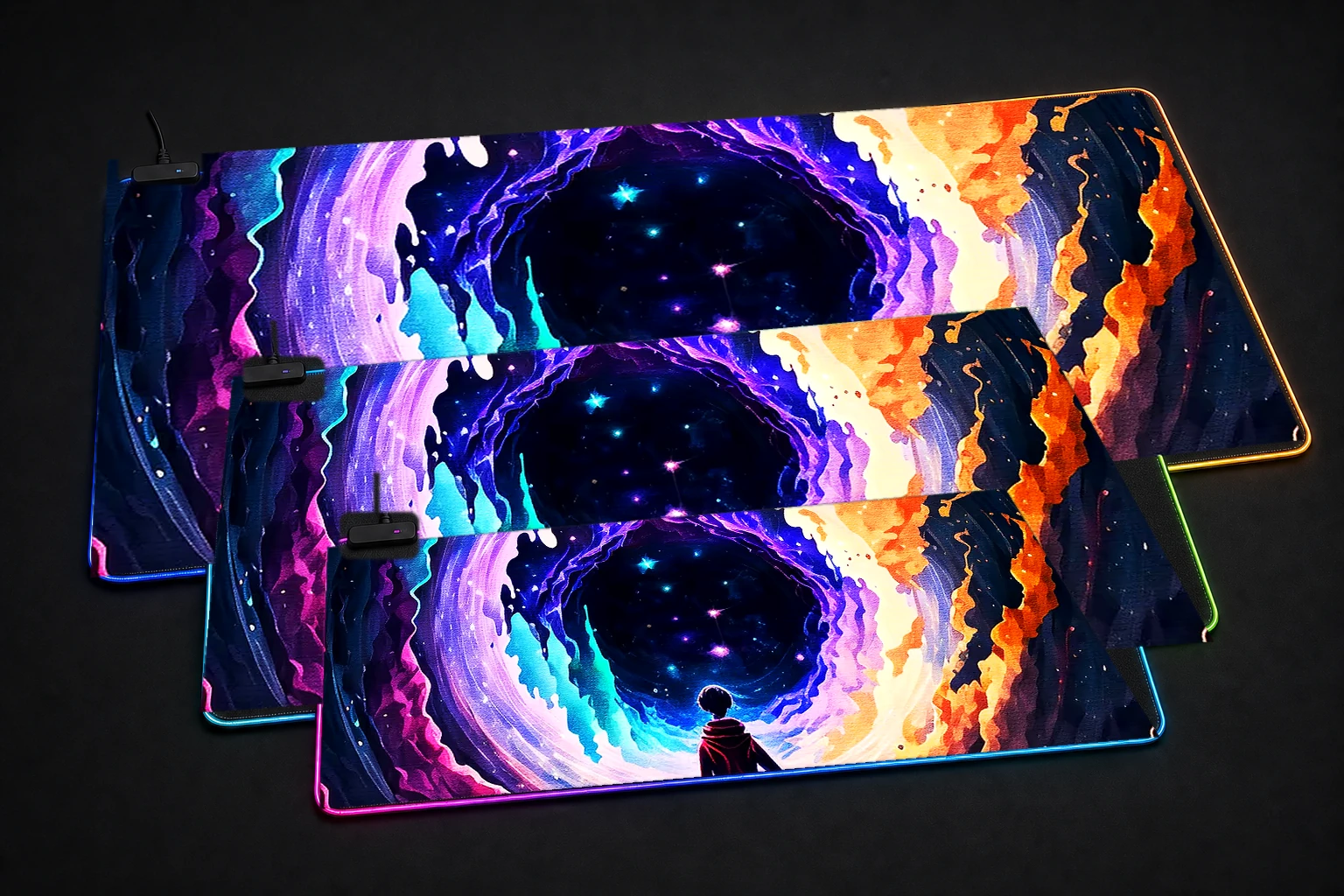 Portal cosmic space RGB Desk Mat three-size comparison