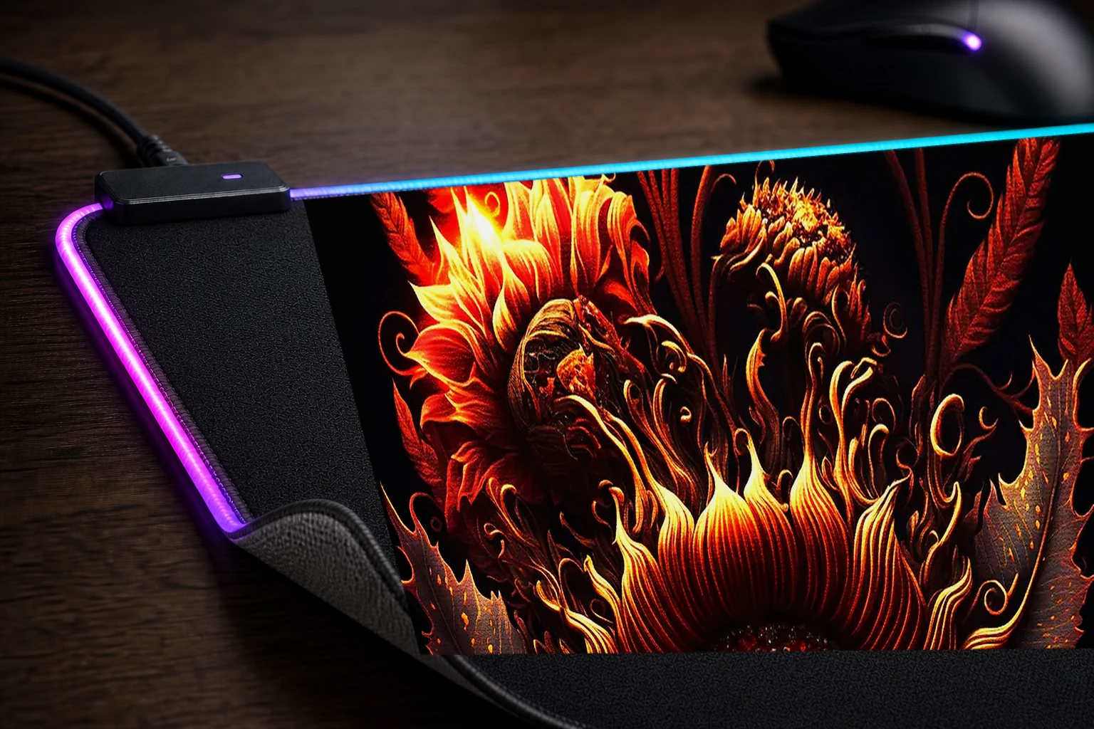 Ultra fire sunflower RGB Desk Mat controller and material detail