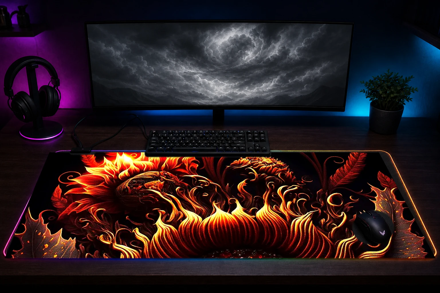 Ultra fire sunflower RGB Desk Mat immersive setup scene