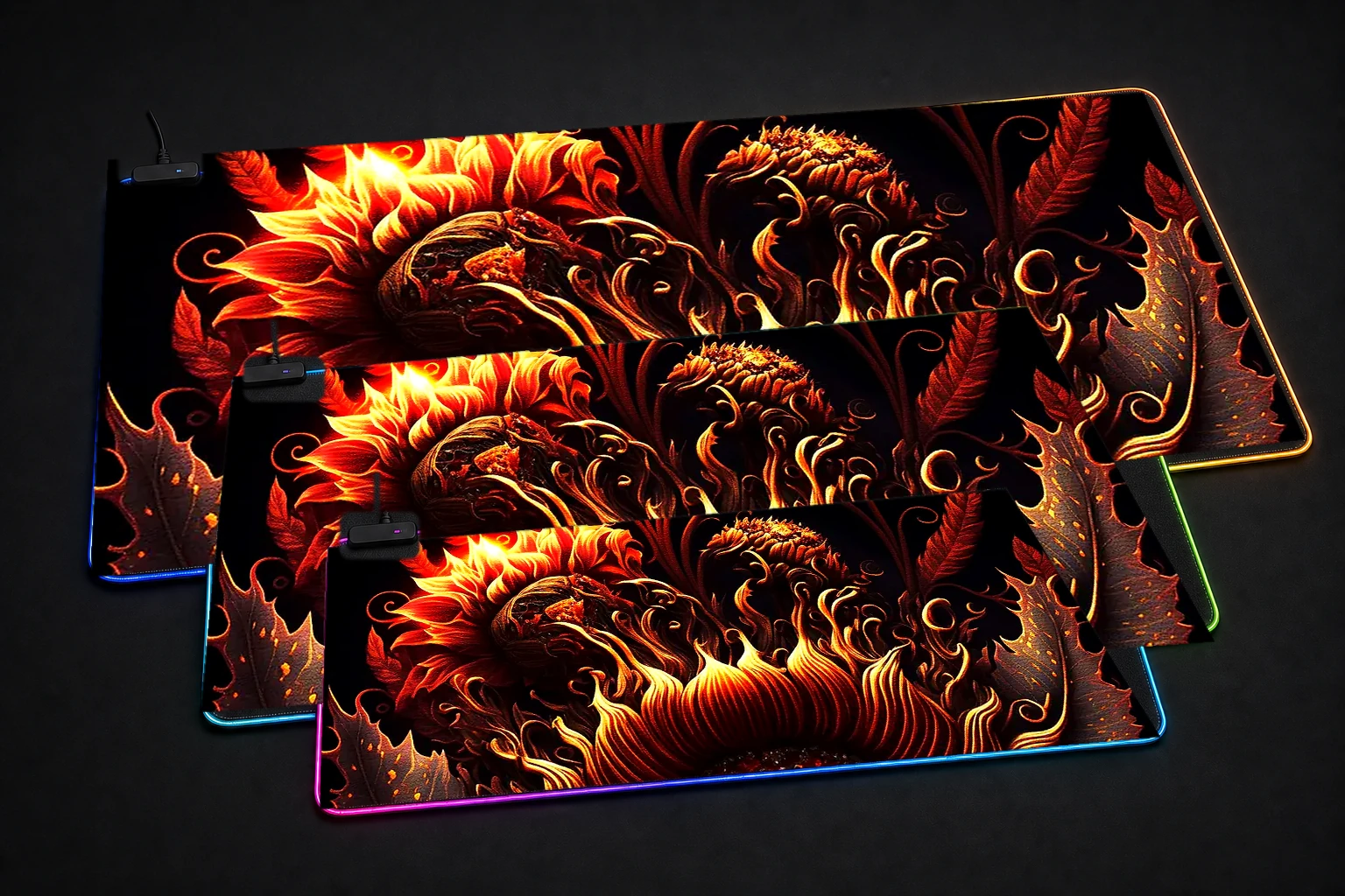 Ultra fire sunflower RGB Desk Mat three-size comparison