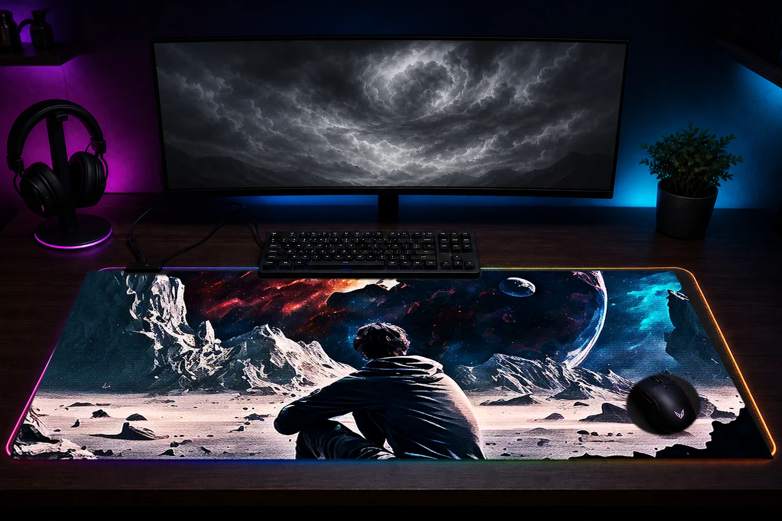 Watching cosmos RGB Desk Mat immersive setup scene