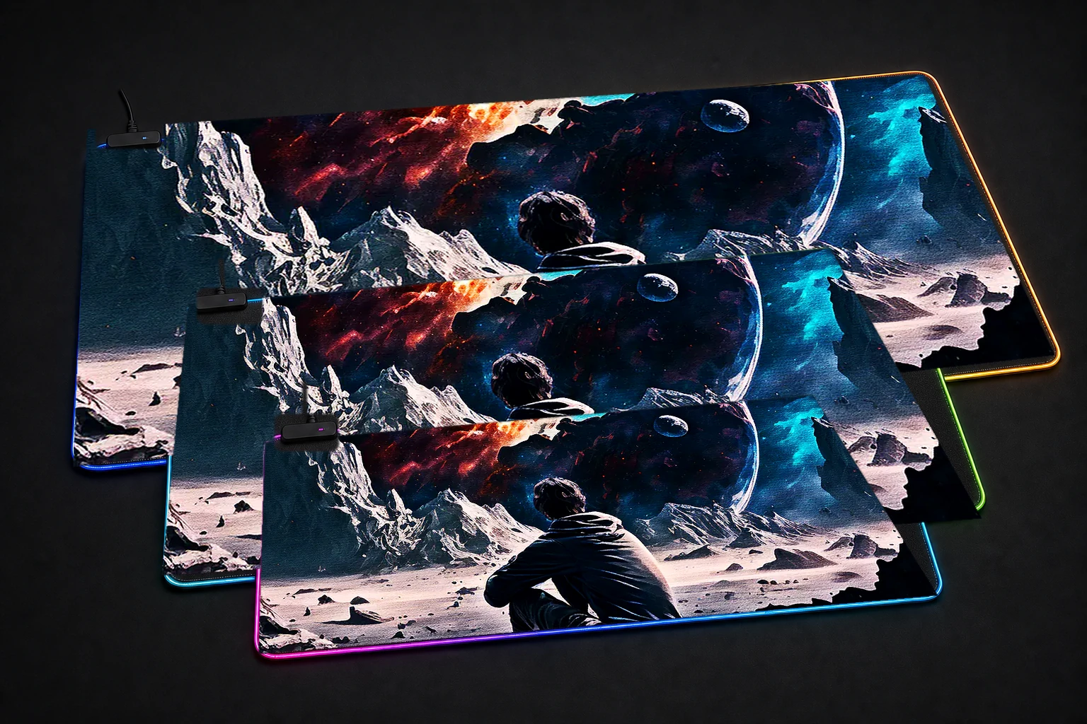 Watching cosmos RGB Desk Mat three-size comparison