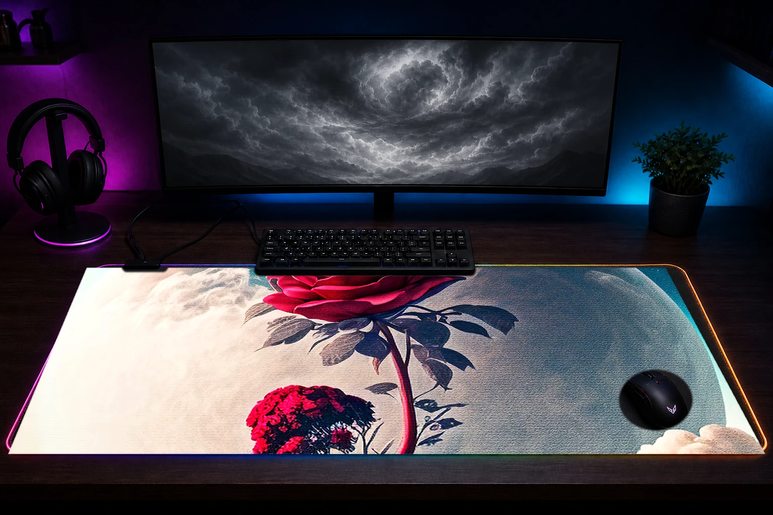 Diagram of red rose RGB Desk Mat immersive setup scene