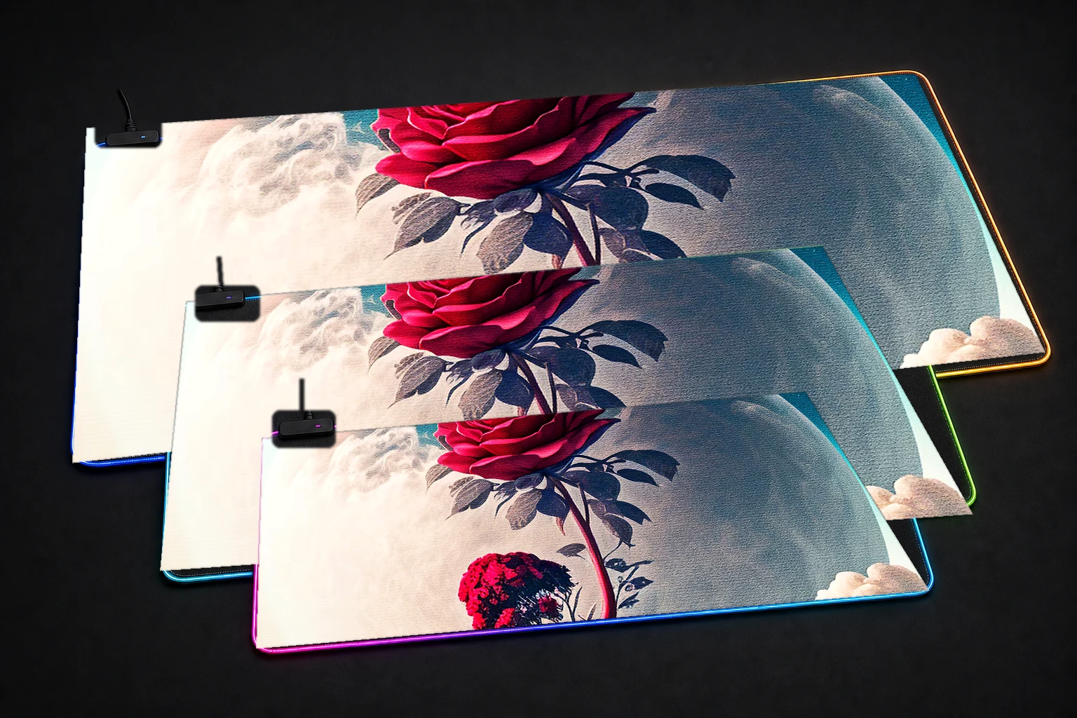 Diagram of red rose RGB Desk Mat three-size comparison